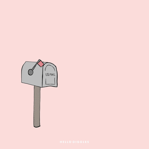 Cartoon mailbox on pink background; the mail box opens and a heart floats out and up into the sky