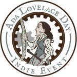 Cartoon of Ada Lovelace examining loom punch cards; Includes the text Ada Lovelace Day Indie Event