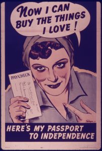 Image of a woman holding a paycheck, exclaiming "now I am free to buy the things I love"
